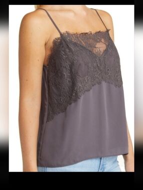 All In Favor Womens Camisole Gray Smoke Lace & Crepe Adjustable Slim Straps